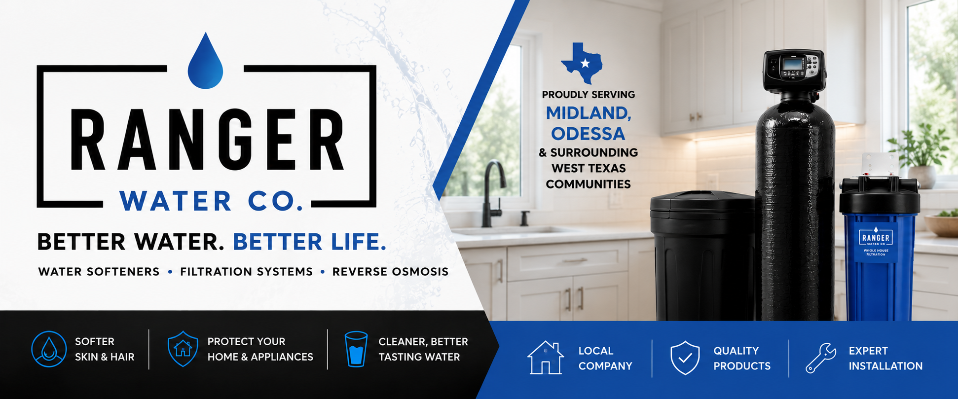 Ranger Water Co. water softeners, filtration systems and reverse osmosis, proudly serving Midland, Odessa and surrounding West Texas communities