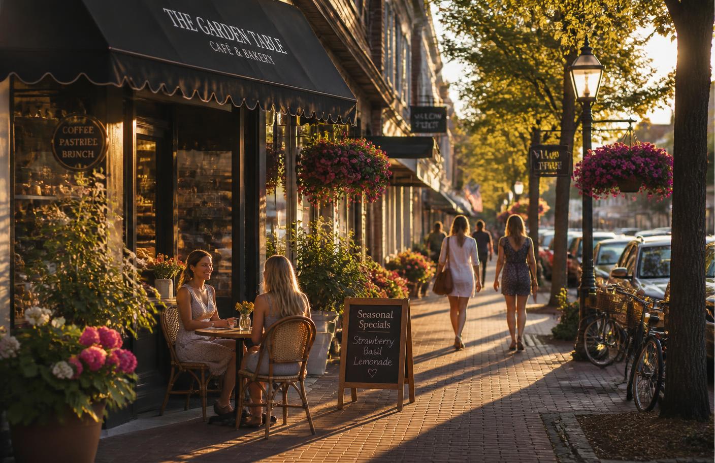 Local main street at golden hour